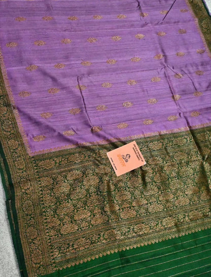 Handloom Pure Raw Silk Saree in Lavender with Emerald Green Antique Zari Border