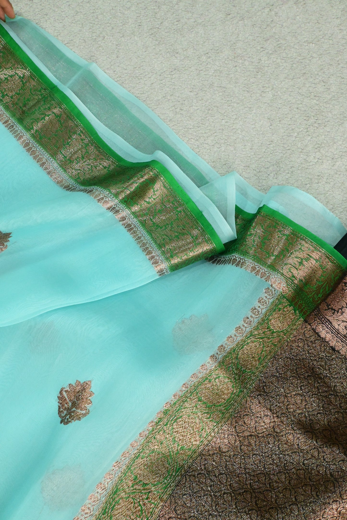 Pure Kora Silk Saree with Antique Copper Zari Weave & Contrast Border