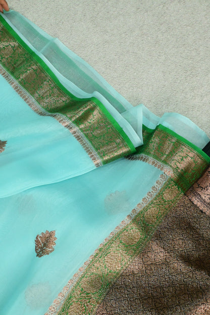 Pure Kora Silk Saree with Antique Copper Zari Weave & Contrast Border