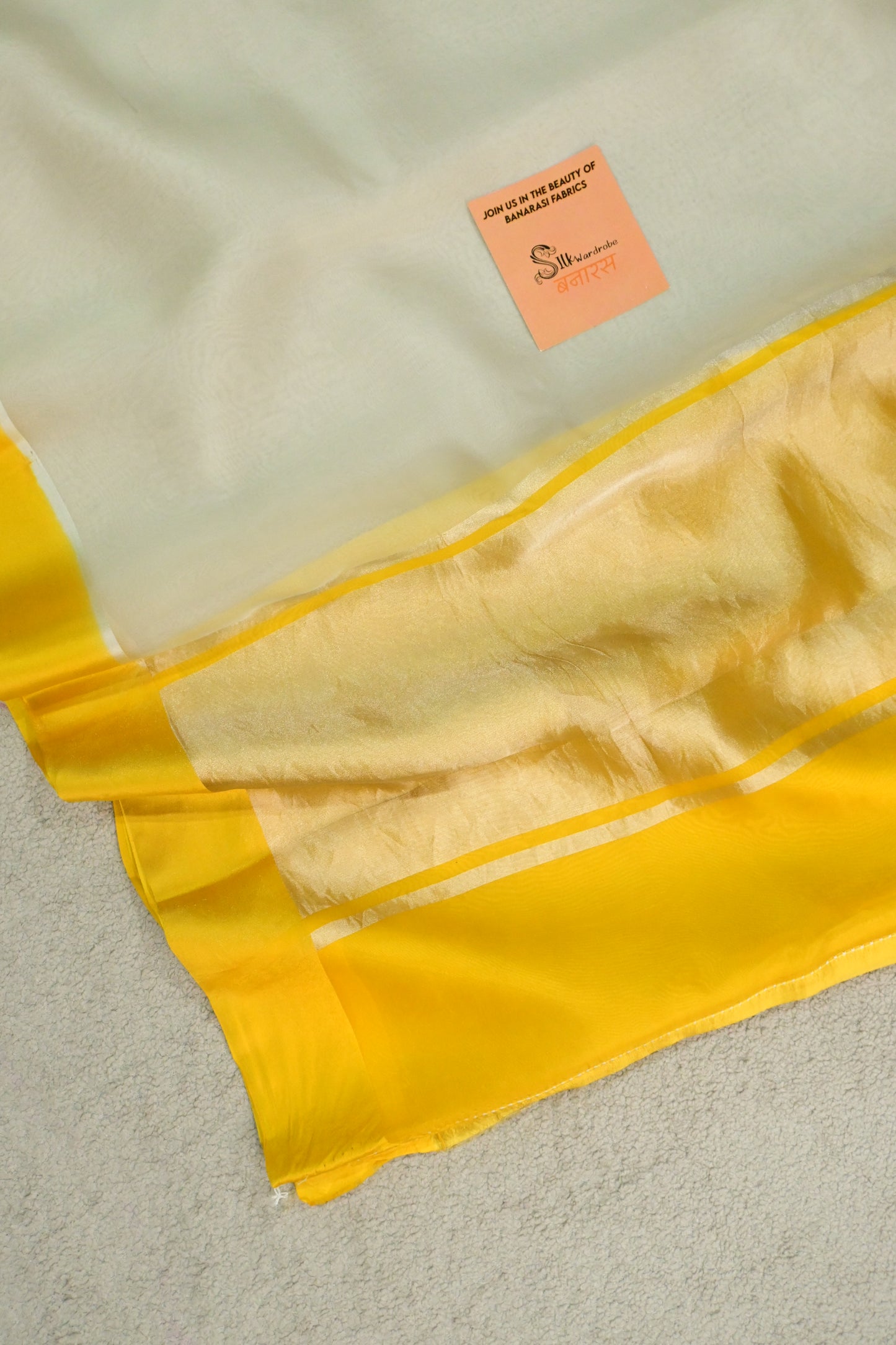 Handloom Pure Kora Organza Saree in Off-White with Vibrant Yellow Satin Border
