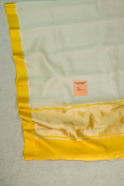 Handloom Pure Kora Organza Saree in Off-White with Vibrant Yellow Satin Border