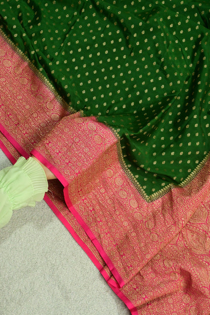 Handwoven Emerald Green & Rani Pink Pure Crepe Georgette Banarasi Saree with Antique Zari