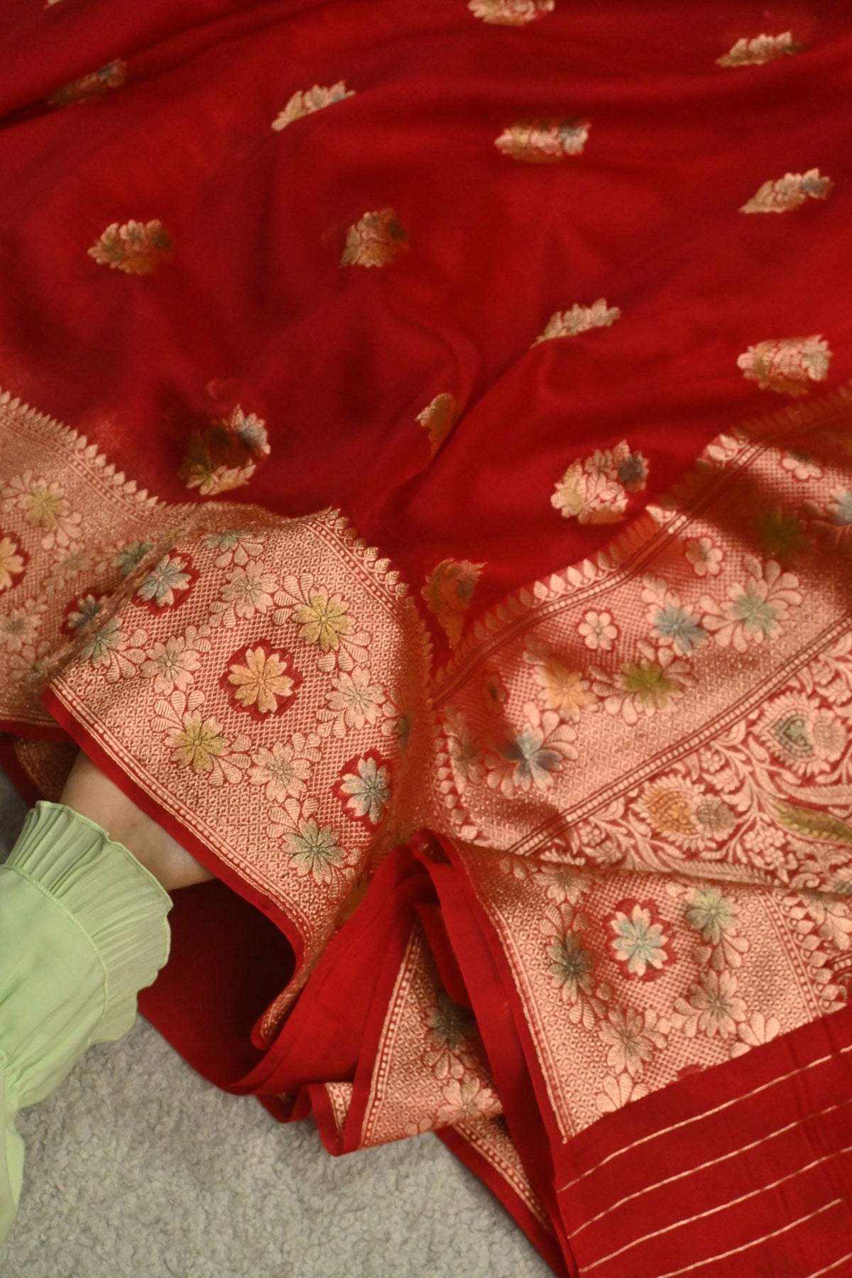 Handwoven Crimson Red Pure Kora Silk Saree with Gold Zari Weaving & Handbrush Work