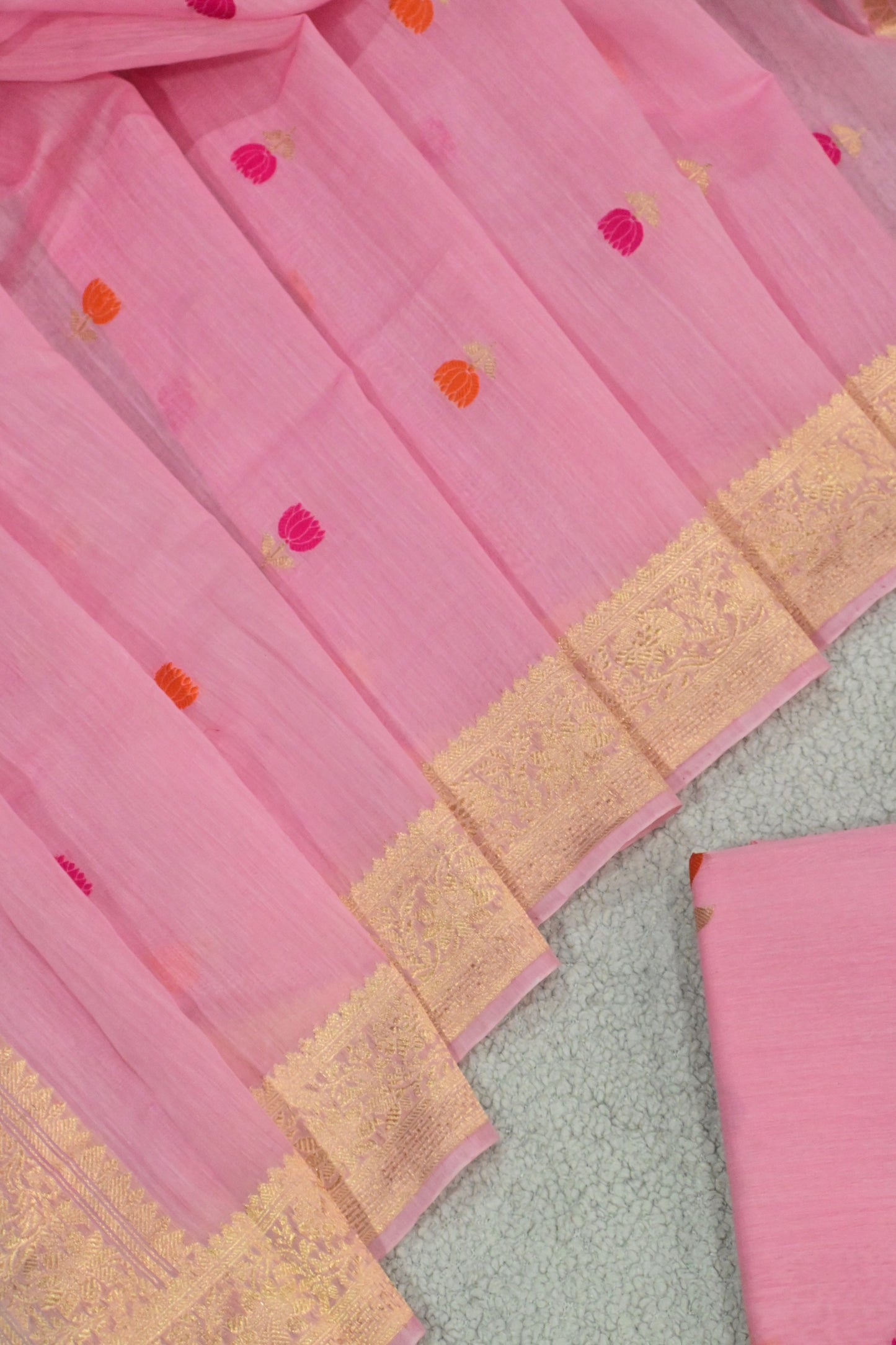 Baby Pink Chanderi Mul Unstitched Suit Set with Minakari Booti & Gold Zari Border