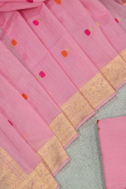 Baby Pink Chanderi Mul Unstitched Suit Set with Minakari Booti & Gold Zari Border
