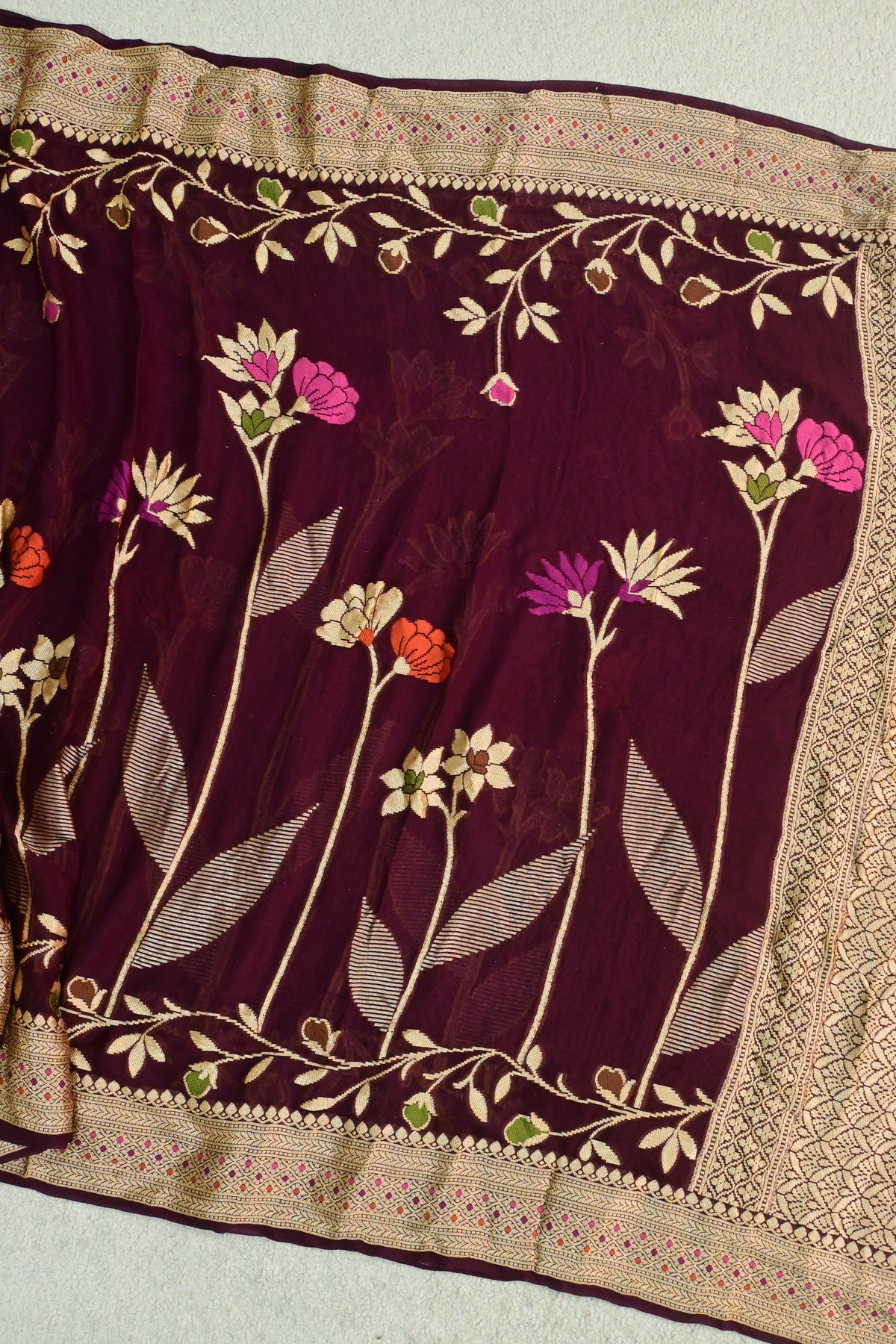 Deep Wine Pure Georgette Banarasi Saree with Floral Jaal & Zari Pallu
