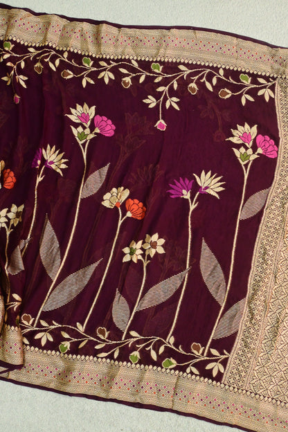 Deep Wine Pure Georgette Banarasi Saree with Floral Jaal & Zari Pallu