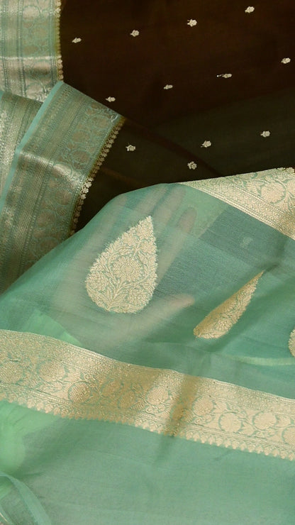 Chocolate Brown & Mint Green Handwoven Pure Kora Organza Silk Saree