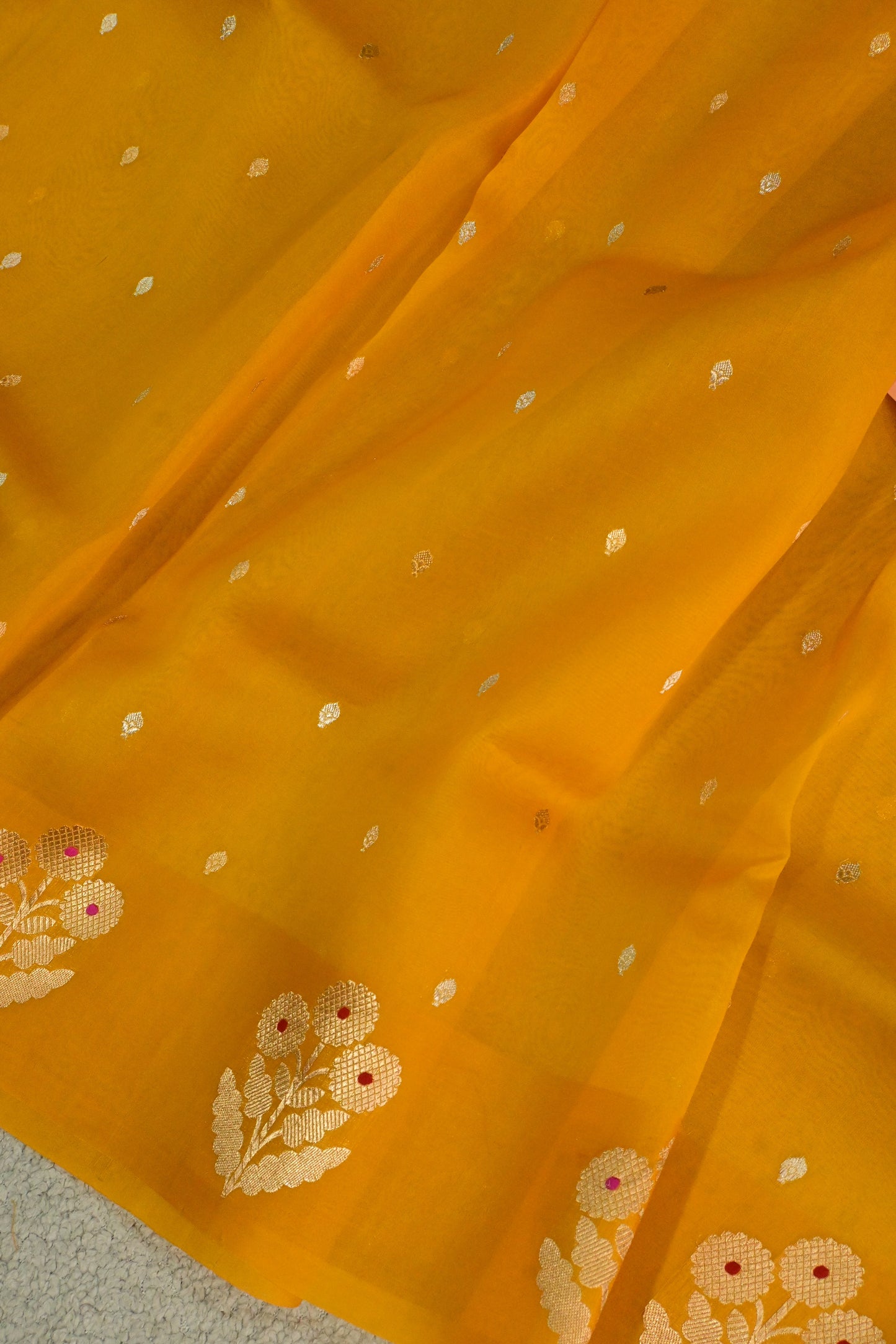 The yellow Mustard Guldasta Kora Organza Silk Saree