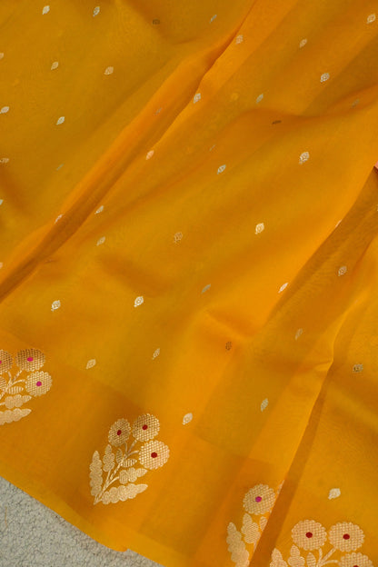 The yellow Mustard Guldasta Kora Organza Silk Saree