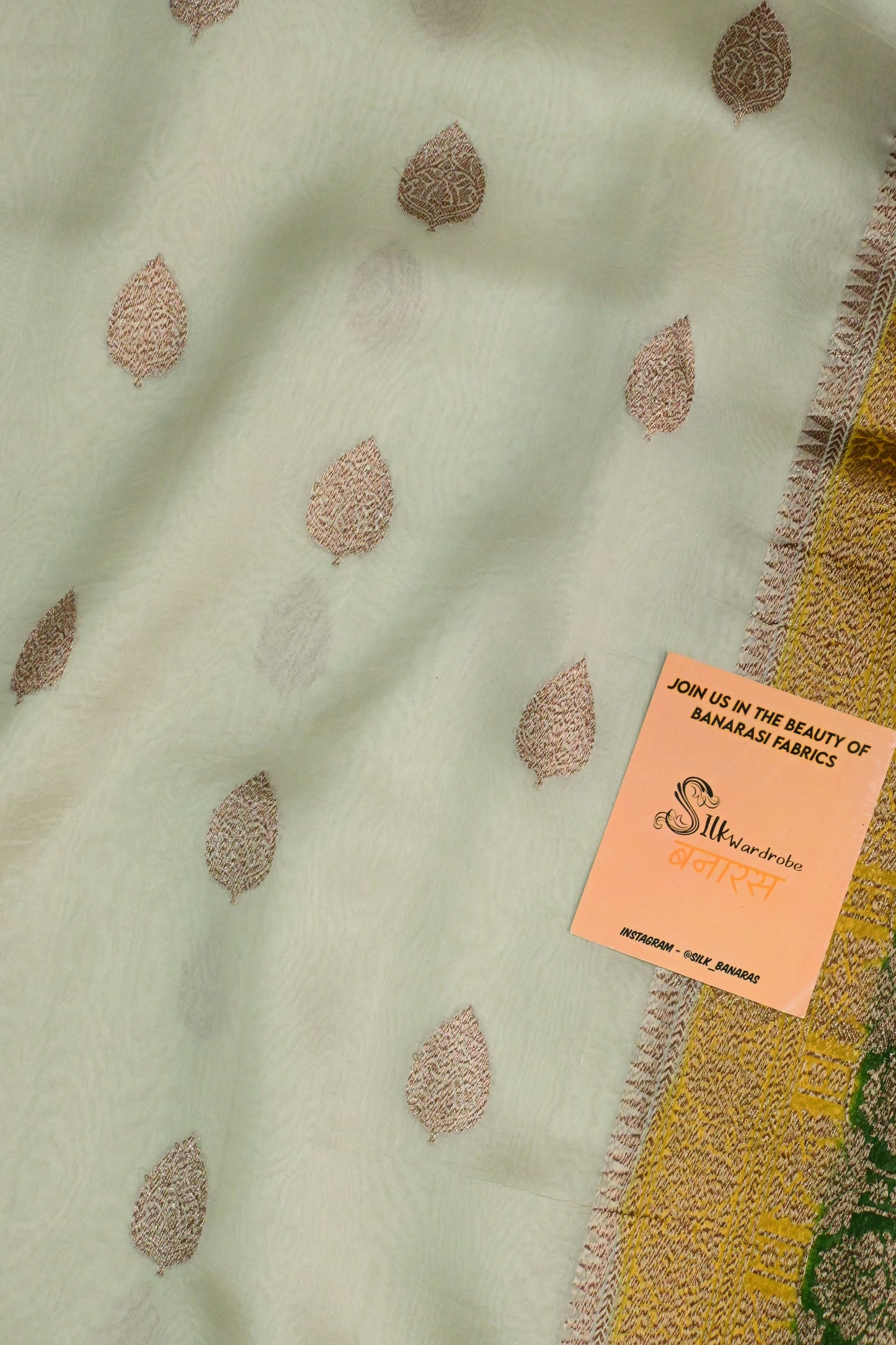 Classic Off-White Pure Organza Silk Saree with Golden-Green Antique Zari Borders