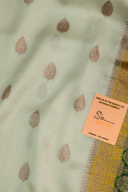 Classic Off-White Pure Organza Silk Saree with Golden-Green Antique Zari Borders