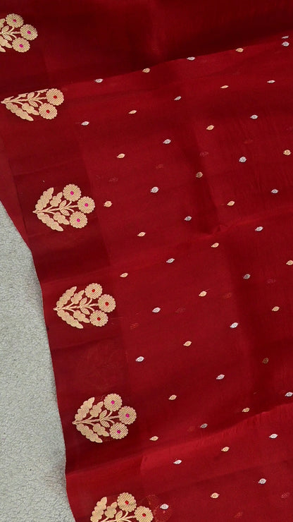 Handloom Red Pure Kora Silk Saree with Gold Zari Weave
