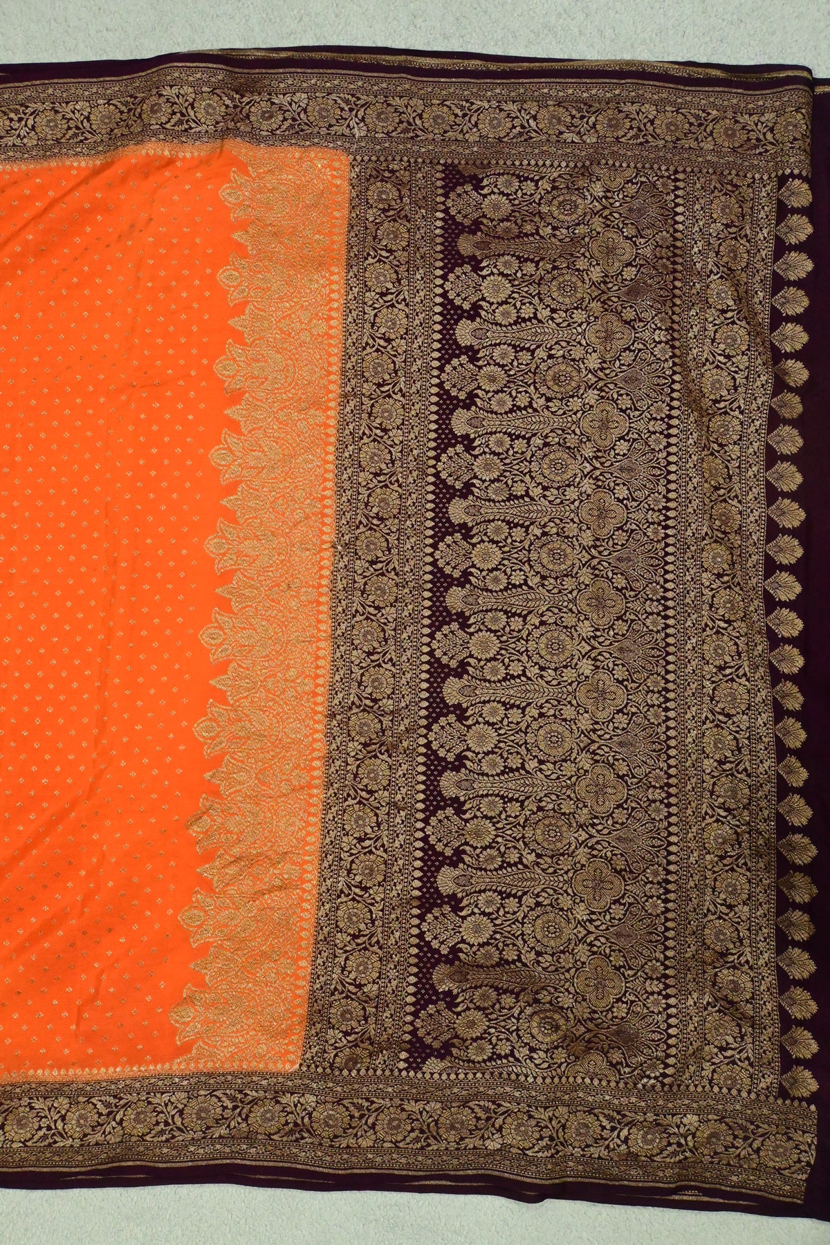Handwoven Crepe Georgette Banarasi Saree in Tangerine Orange & Wine with Antique Zari