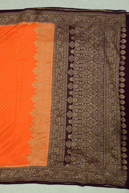 Handwoven Crepe Georgette Banarasi Saree in Tangerine Orange & Wine with Antique Zari