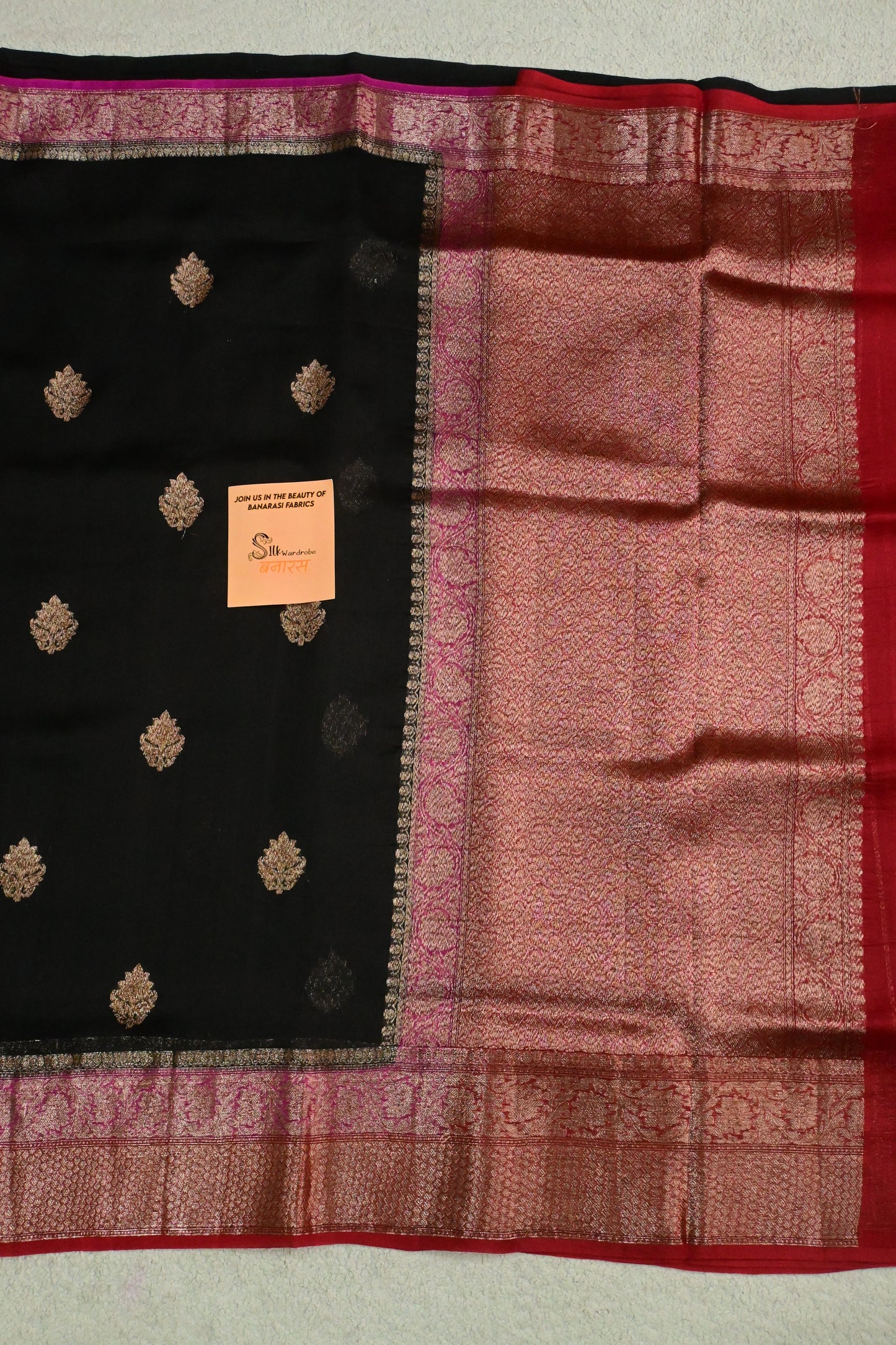 Handwoven Pure Kora Silk Saree in Black & Crimson Red
