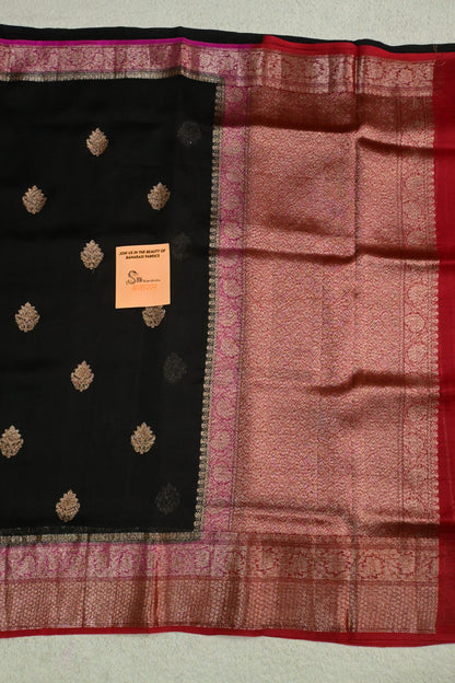 Handwoven Pure Kora Silk Saree in Black & Crimson Red
