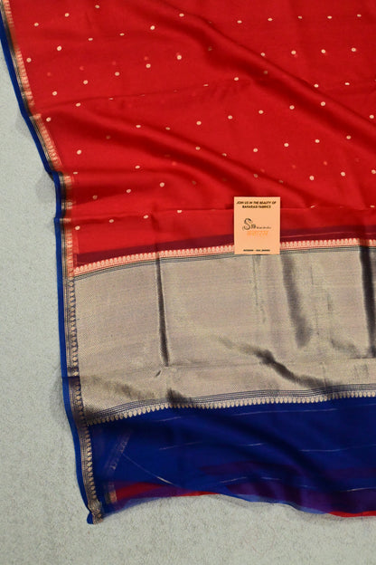 Handwoven Pure Kora Silk Banarasi Saree in Crimson Red with Royal Blue Pallu & Gold Zari Weaving