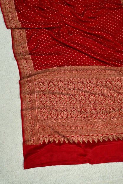Handwoven Pure Crepe Banarasi Saree in Crimson Red with Antique Zari Weave