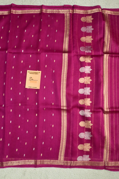 Handwoven Pure Kora Silk Saree in Magenta with Gold & Silver Zari Work