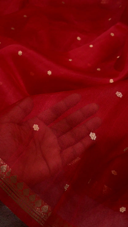 Pure Classic Red handwoven Kora organza saree