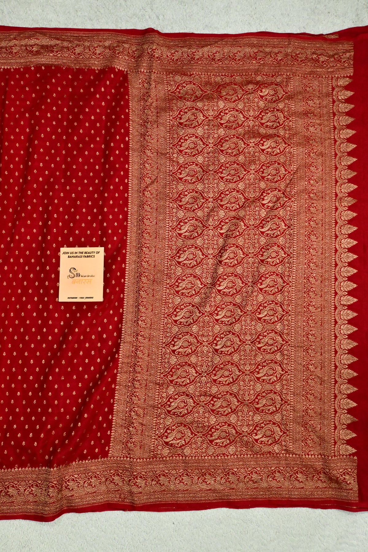 Handwoven Pure Crepe Banarasi Saree in Crimson Red with Antique Zari Weave