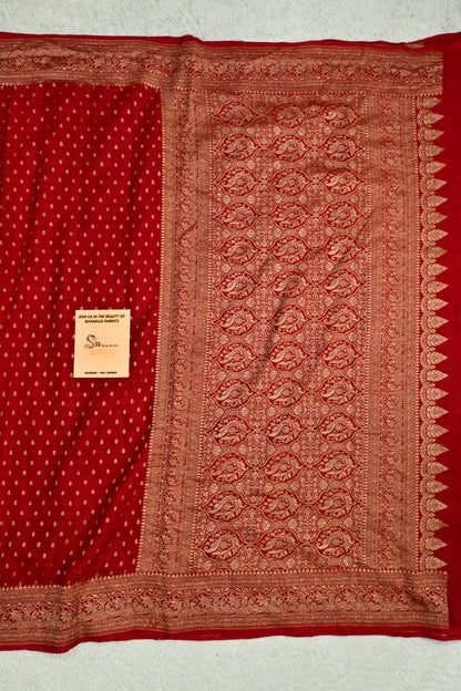 Handwoven Pure Crepe Banarasi Saree in Crimson Red with Antique Zari Weave