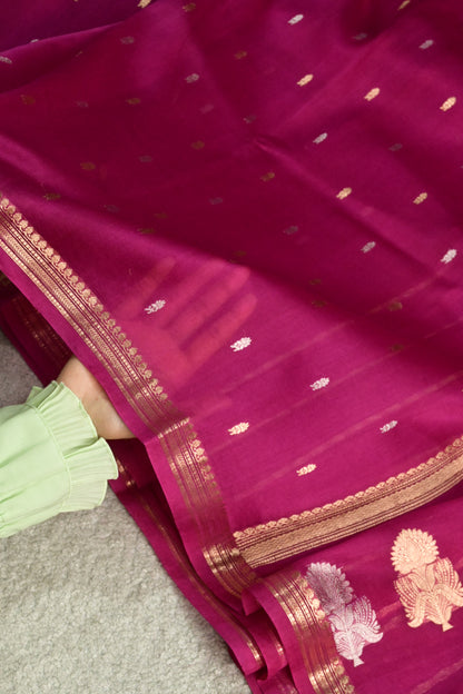 Handwoven Pure Kora Silk Saree in Magenta with Gold & Silver Zari Work