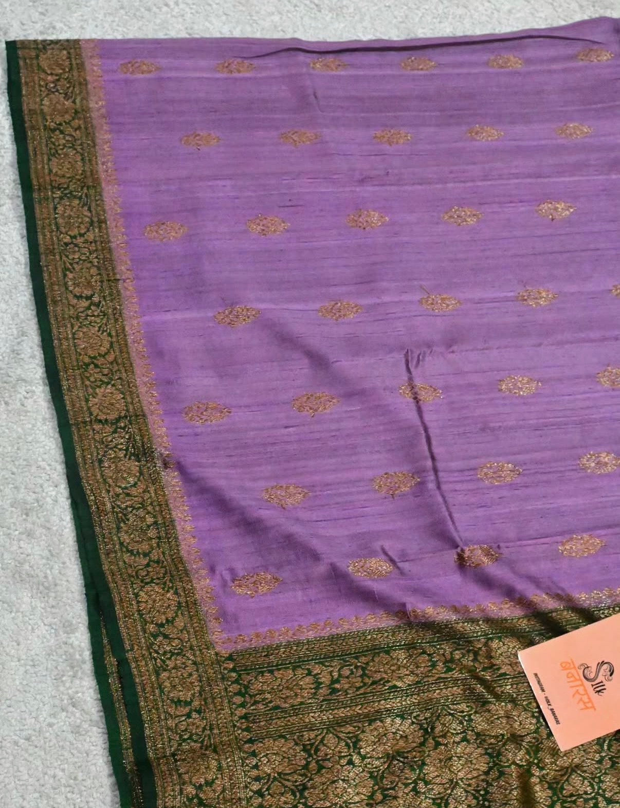 Handloom Pure Raw Silk Saree in Lavender with Emerald Green Antique Zari Border