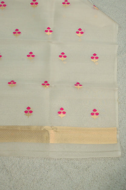 Off-White Handwoven Pure Kora Silk Suit Set with Pink Minakari Bootis & Red Zari Dupatta