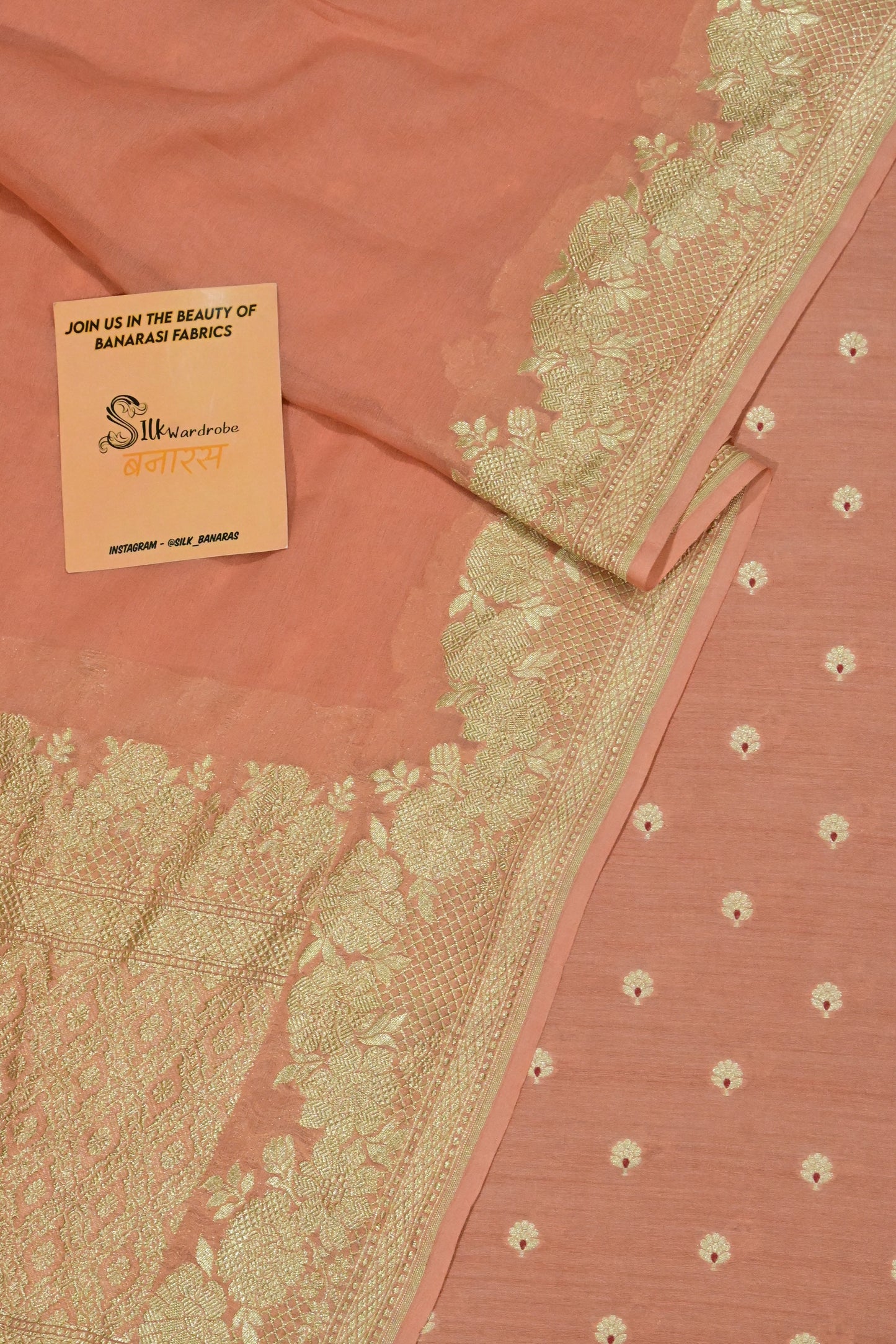 Handwoven Pure Khaddi Georgette Banarasi Unstitched Suit Set with Zari Weave – Dusty Peach