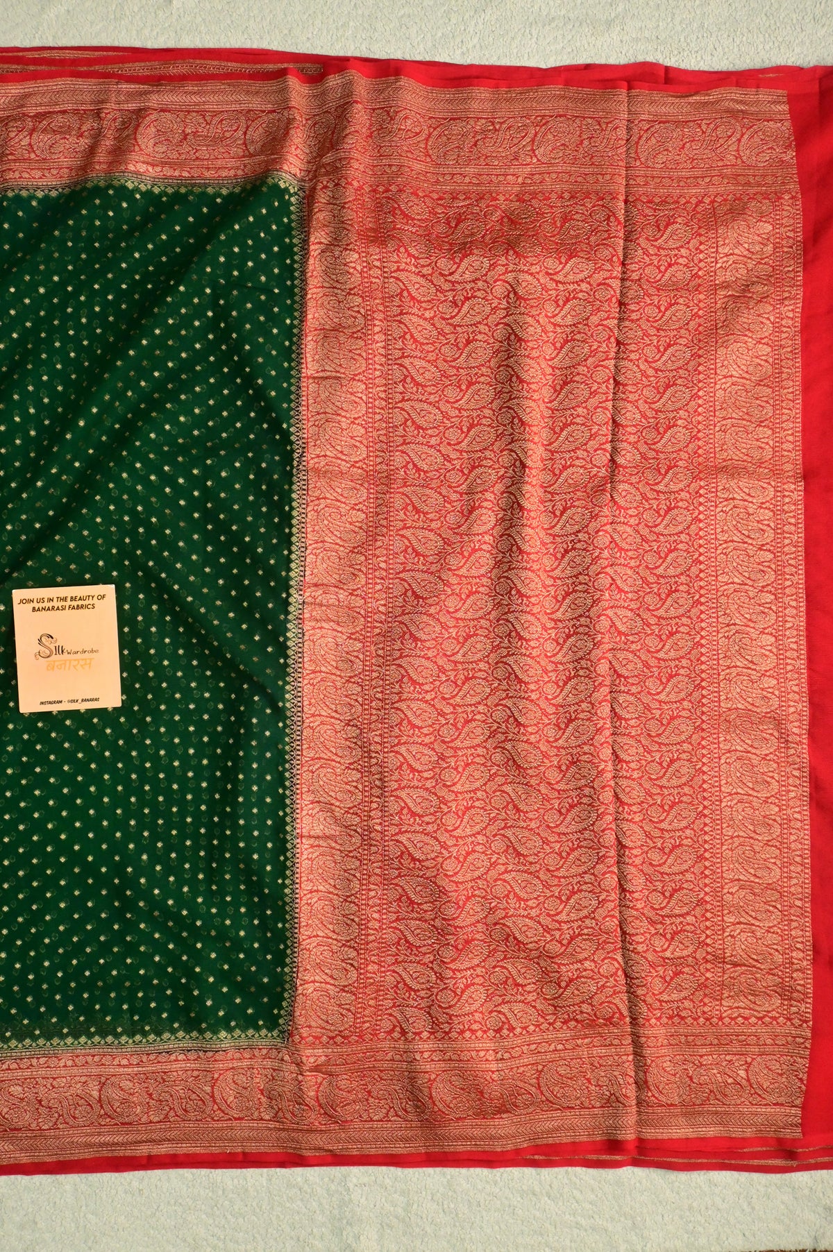 Emerald Green Pure Khaddi Georgette Saree with Antique Zari Konia & Paisley