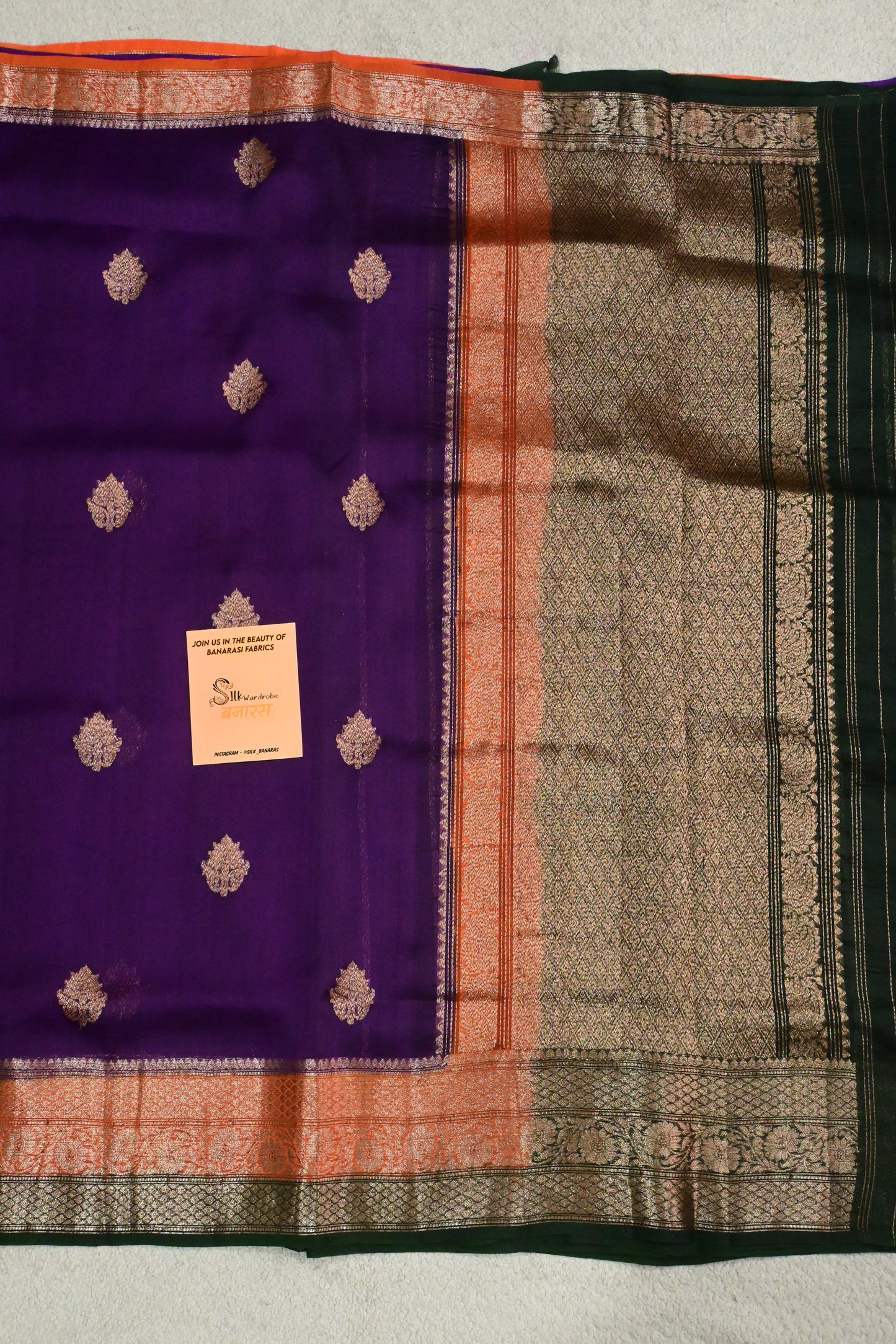 Royal Purple Pure Kora Silk Saree with Antique Zari Weave & Contrast Border