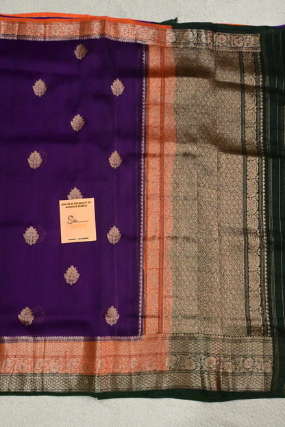 Royal Purple Pure Kora Silk Saree with Antique Zari Weave & Contrast Border