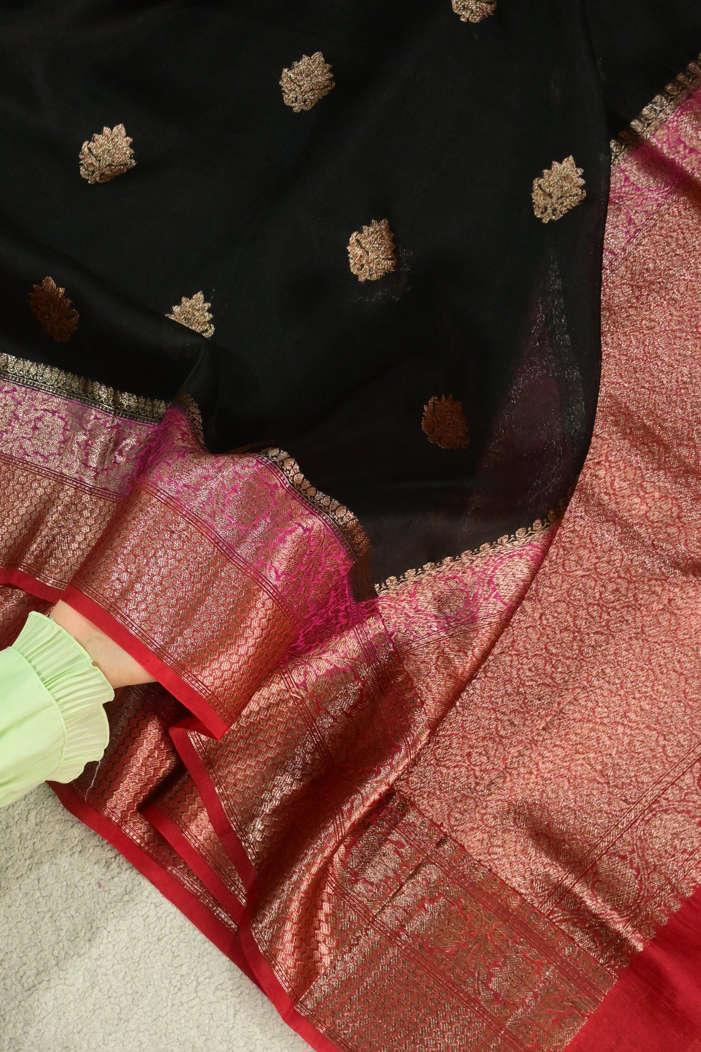 Handwoven Pure Kora Silk Saree in Black & Crimson Red