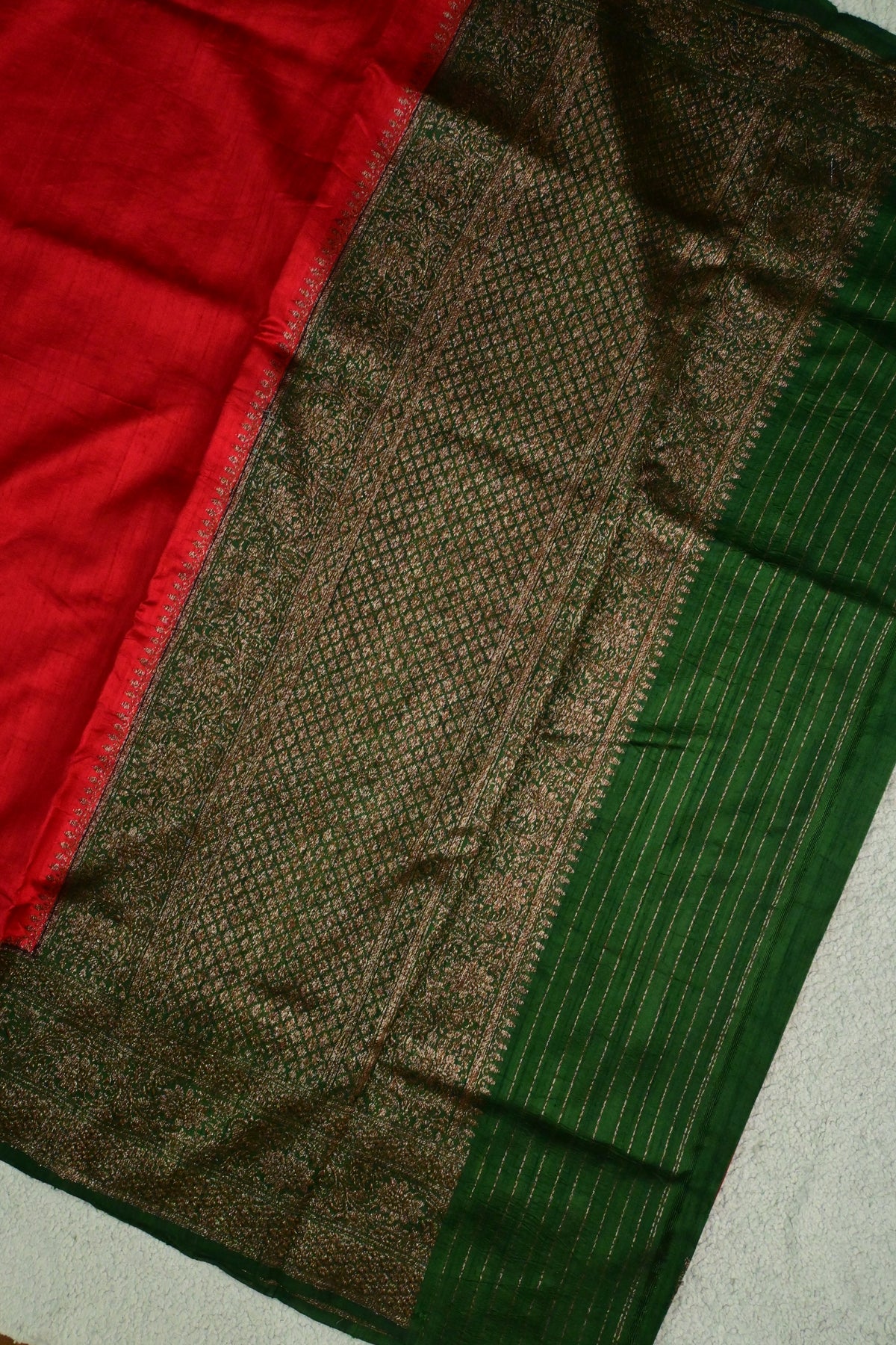 Handloom Pure Raw Silk Red & Green Saree with Antique Weave