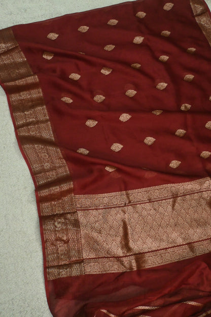 Handcrafted Maroon Pure Kora Organza Silk Saree with Antique Zari Work