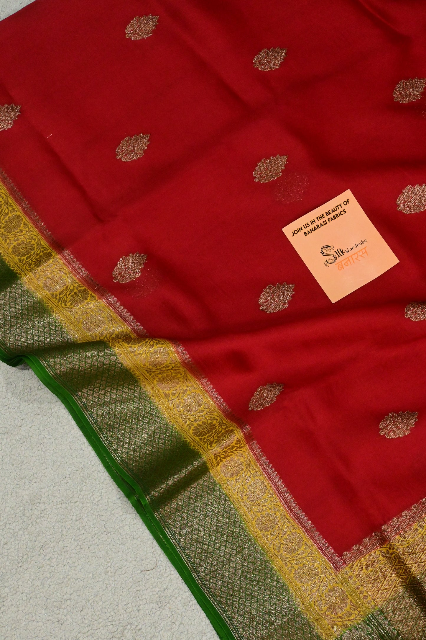 Handwoven Crimson Red Pure Kora Silk Banarasi Saree with Contrasting yellow and Green Border