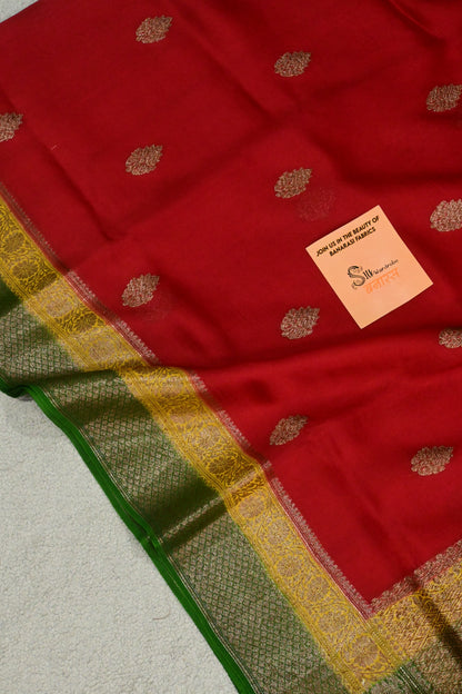 Handwoven Crimson Red Pure Kora Silk Banarasi Saree with Contrasting yellow and Green Border