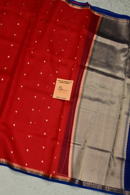 Handwoven Pure Kora Silk Banarasi Saree in Crimson Red with Royal Blue Pallu & Gold Zari Weaving