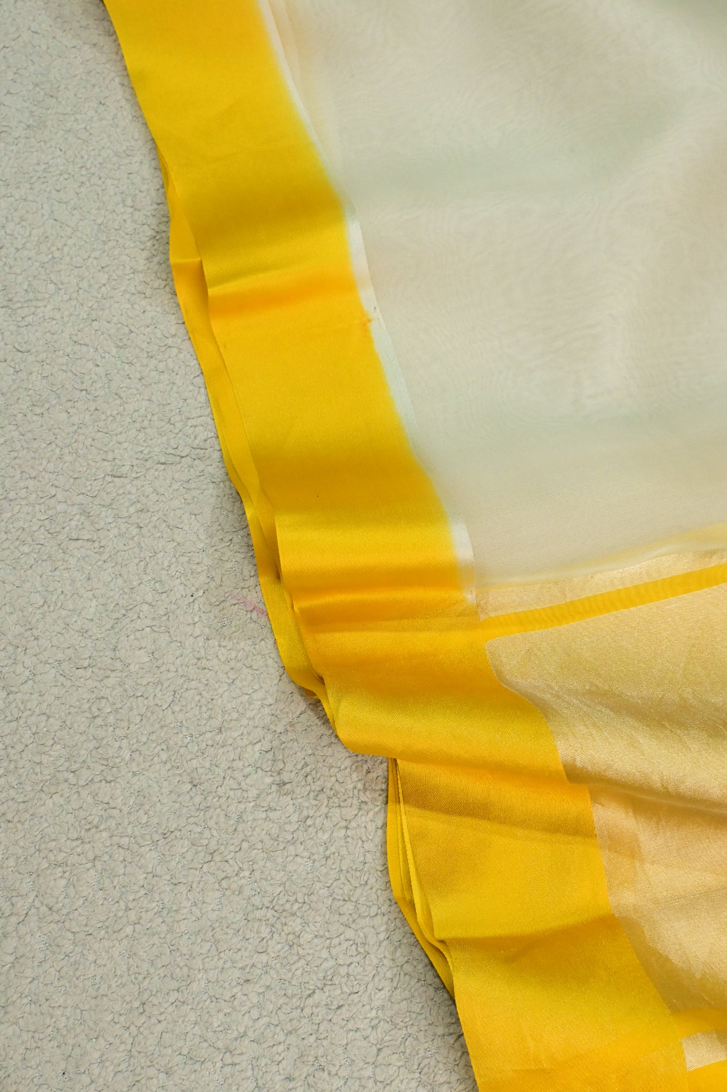 Handloom Pure Kora Organza Saree in Off-White with Vibrant Yellow Satin Border