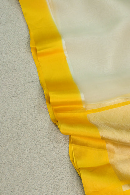 Handloom Pure Kora Organza Saree in Off-White with Vibrant Yellow Satin Border