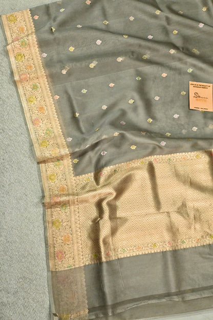 Handwoven Pure Kora Silk Saree with Gold Zari Weaving & Meenakari Brush Work – Slate Grey
