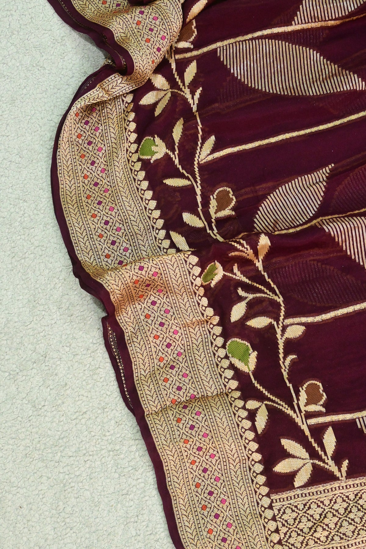 Deep Wine Pure Georgette Banarasi Saree with Floral Jaal & Zari Pallu
