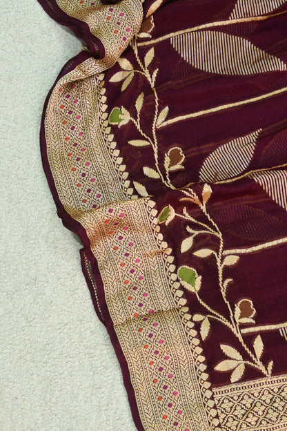 Deep Wine Pure Georgette Banarasi Saree with Floral Jaal & Zari Pallu