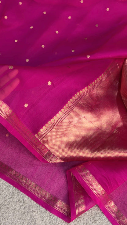 Beautiful pink handwoven pure Kora organza saree