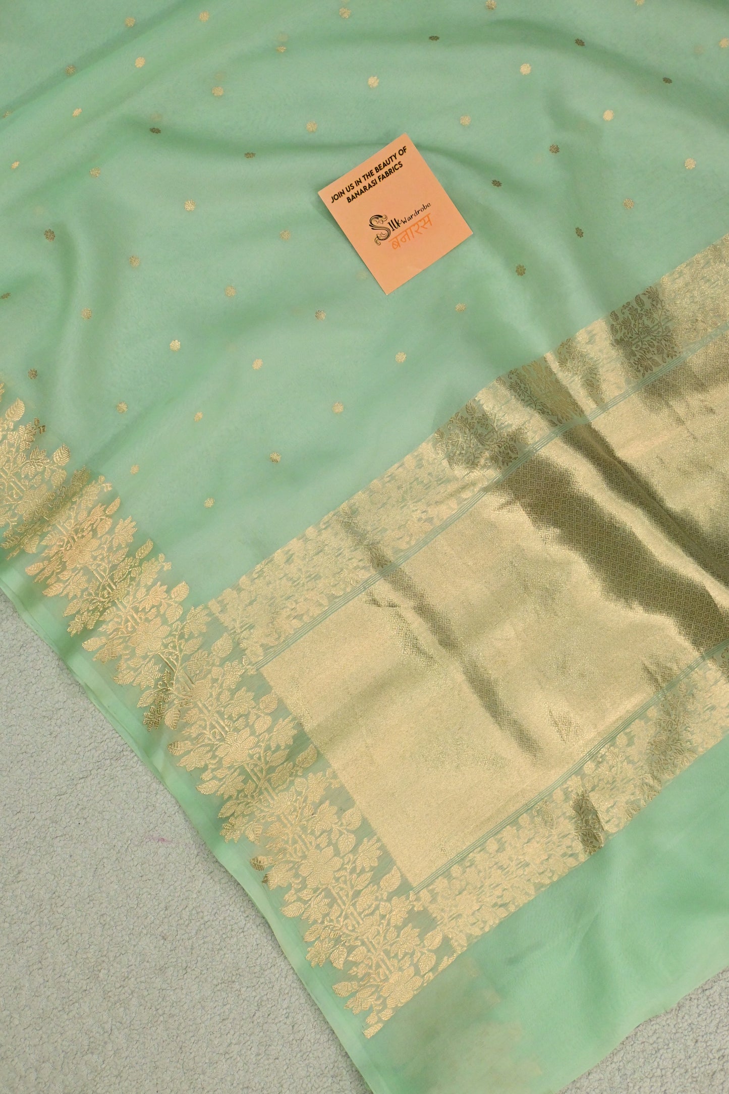 Pure Banarasi Kora Silk Saree in Pastel mint Green with Floral Zari Border