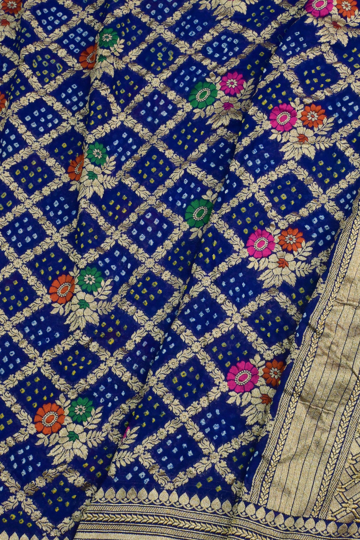 Royal Blue Handwoven Pure Khaddi Georgette Unstitched Suit Set with Bandhani & Meenakari Dupatta | Gold Zari Weaving