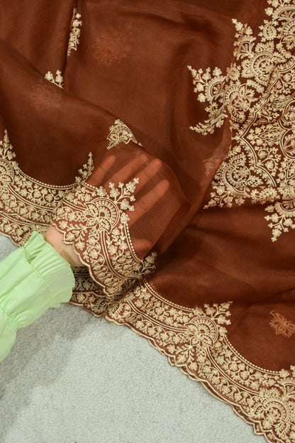 Rust Brown Handwoven Pure Organza Saree with Intricate Gold Embroidery & Scalloped Cutwork Border