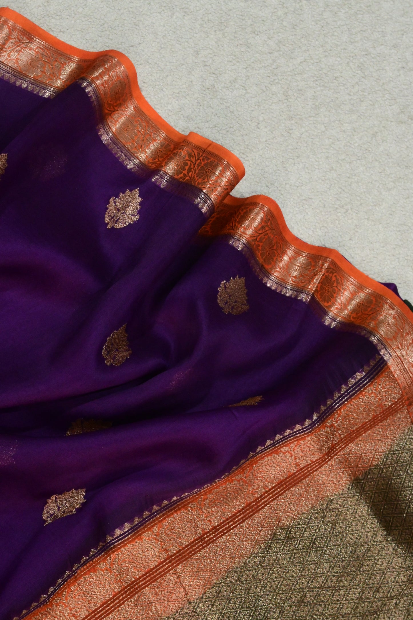 Royal Purple Pure Kora Silk Saree with Antique Zari Weave & Contrast Border